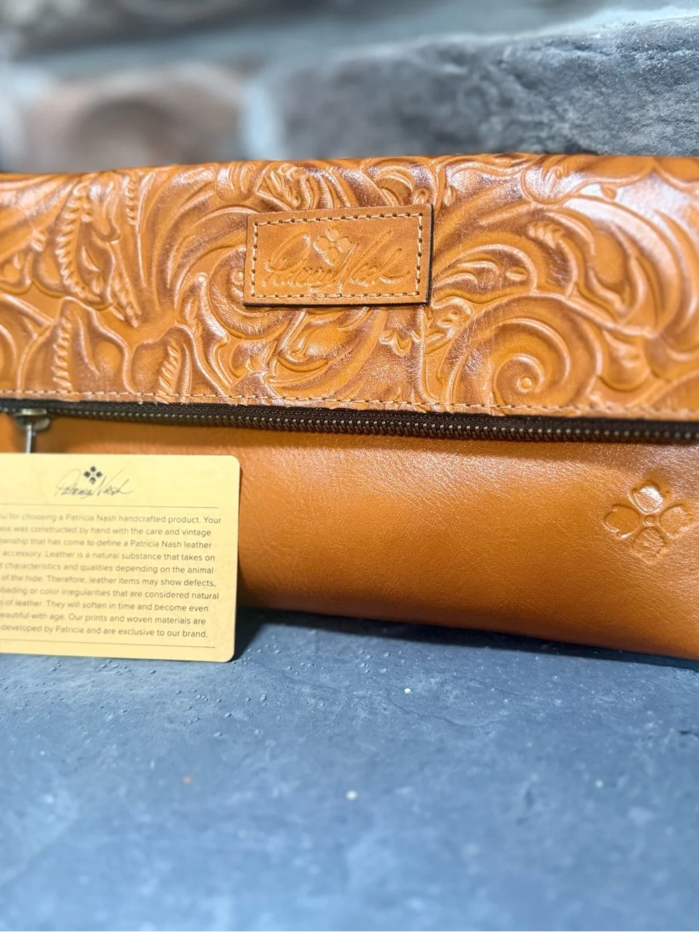 Patricia Nash Valerie Gold Tooled Floral Leather Wristlet clutch